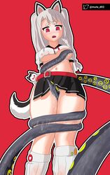 1girls absurdres animal_ears azur_lane black_skirt black_tentacles blush breasts covered_nipples female highres legs_together mute-d open_mouth pussy_juice red_eyes restrained school_uniform serafuku shirt shirt_lift siren_(azur_lane) skirt skirt_lift tentacle thick_thighs thigh_sex thighs twintails underboob wet white_hair white_legwear wolf_ears yuudachi_(azur_lane)