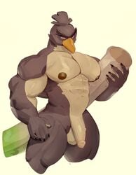 5_fingers anthro balls beak brown_body fingers food galarian_farfetch'd genitals hi_res leek male muscular muscular_anthro muscular_male nintendo nipples onion pecs penis plant pokémon_(species) pokemon regional_form_(pokémon) simple_background sleepymute solo vegetable video_games