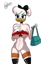 2021 absurd_res accessory anatid anseriform anthro avian big_breasts bird breasts bunbunmuffinart bunbunmuffins daisy_duck disney duck ducktales ducktales_(2017) feathers female genitals hair_accessory hair_ribbon hi_res looking_at_viewer pac-man_eyes purse pussy ribbons simple_background soft_feathers solo white_background white_body white_feathers