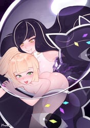 2girls ambiguous_penetration ass bangs bare_arms black_hair blonde_hair blunt_bangs blush braid closed_mouth drooling eyebrows_visible_through_hair eyelashes fusion green_eyes highres incest legs_together lillie_(pokemon) long_hair lusamine_(pokemon) mother_and_daughter mother_beast_lusamine multicolored_hair multiple_girls nihilego norza pokémon_(species) pokemon pokemon_(game) pokemon_sm pokephilia saliva shiny shiny_skin signature smile strap_slip streaked_hair ultra_beast yellow_eyes yuri