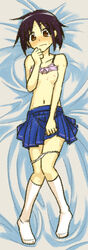 bangs bare_shoulders bed_sheet black_hair blue_skirt blush bob_cut bow bow_bra bra bra_lift breasts brown_eyes buchineko_(maccha598en) colored_pencil_(medium) commentary covering covering_crotch embarrassed from_above full_body hair_between_eyes hand_on_own_crotch hand_to_own_mouth kneehighs knees_together_feet_apart looking_at_viewer love_hina lying maehara_shinobu messy_hair midriff navel nervous no_shirt nose_blush on_bed panties panty_pull parted_hair pink_bra pleated_skirt raised_eyebrows short_hair skirt small_breasts socks sweat sweatdrop traditional_media underwear wavy_mouth white_legwear white_panties