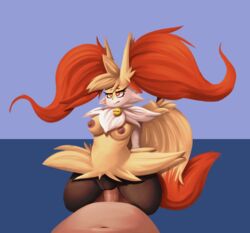 anthro bodily_fluids braixen breasts canid canine cowgirl_position digital_media_(artwork) duo erection female female_on_top female_penetrated from_front_position fur genital_fluids genitals hi_res human inner_ear_fluff male male/female male_on_bottom male_penetrating male_penetrating_female mammal nintendo nipples nude on_bottom on_top penetration penis pokémon_(species) pokemon pokemon_(species) pussy sex simple_background traknoch tuft vaginal_penetration video_games yellow_body yellow_fur