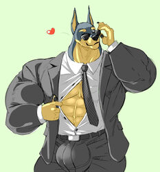 2017 5_fingers anthro belt big_bulge blue_background bottomwear bulge canid canine canis clothing countershading dobermann domestic_dog eyewear fingers front_view heart holding_object huge_bulge huge_muscle hyper hyper_bulge looking_at_viewer male mammal muscular necktie one_eye_closed pants pinscher shirt simple_background smile solo stagor55 suit sunglasses teasing topwear wink yellow_body yellow_countershading