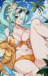 1girl absurdres aqua_eyes aqua_hair bare_shoulders beach bikini blue_archive blue_halo blue_sky blush breasts cleavage collarbone eyewear_on_head floral_print floral_print_bikini flower grabbing_own_thigh hair_between_eyes hair_flower hair_ornament hair_over_one_eye hairclip halo highres hiyori_(blue_archive) hiyori_(swimsuit)_(blue_archive) large_breasts leg_lift long_hair long_sleeves looking_at_viewer off_shoulder official_alternate_costume one_side_up open_mouth orange_bikini outdoors popsicle print_bikini sideboob sitting solo string_bikini sunglasses suuuuica swimsuit thighs very_long_hair white_bikini x_hair_ornament yellow-framed_eyewear