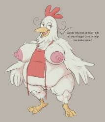 1girls 2024 2d 2d_(artwork) 2d_artwork anthro apron avian beak belly big_belly big_breasts bird bird_girl cheap_cheap_the_cooking_chicken chicken chicken_girl chubby chubby_female dialog dialogue digital_art digital_drawing_(artwork) digital_media_(artwork) female furry furry_female galliform gallus_(genus) parappa_the_rapper phasianid red_apron solo sony sony_corporation sony_interactive_entertainment tagme text thicc thick thick_thighs vr457 white_feathers