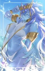 1girl blue_hair blue_skin blue_sky breasts closed_eyes colored_skin commentary_request dominus_impulse dougaku_(passionpit777) duel_monster gold_collar gold_tiara hair_between_eyes highleg highleg_panties highres large_breasts long_hair navel panties pelvic_curtain pointy_ears revealing_clothes sideless_outfit sky solo thick_thighs thighs twitter_link underboob underwear water wet white_panties wide_hips yu-gi-oh!