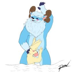 1:1 2025 4_fingers anthro antlers artist_name balls bedding belly black_sclera blanket blue_body blue_claws blue_eyes blue_fur blush body_hair canid canine claws demi_(demi_owo) demi_owo digital_drawing_(artwork) digital_media_(artwork) duo eye_roll eyebrows eyes_closed fennec_fox finger_claws fingers fox fur genitals hand_on_another's_head hand_on_belly happy_trail hi_res horn humanoid_genitalia humanoid_penis hybrid league_of_legends long_ears male male/male mammal mane mustelid open_mouth otter overweight overweight_anthro overweight_male penis pink_inner_ear pink_penis riot_games signature simple_background tencent text thick_eyebrows true_fox tusks white_background white_body white_eyebrows white_fur willump_(lol) yellow_body yellow_fur yeti