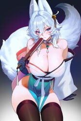 animal_ears bare_hips blue_eyes breasts cleavage elegia fan fox_ears fox_girl fox_tail gloves large_breasts looking_at_viewer medium_hair original pelvic_curtain tail thighhighs thighs white_hair