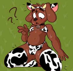 2021 absurd_res animal_humanoid anthro belly bulge canid canid_humanoid canine canine_humanoid canis chubby_male clothed clothing cow_outfit digital_media_(artwork) dog_humanoid domestic_dog eljelicsnsfw eyebrows hi_res humanoid kneeling legwear male male/male mammal mammal_humanoid navel open_mouth simple_background slightly_chubby solo surprised_expression thick_eyebrows thick_thighs thigh_highs wide_hips