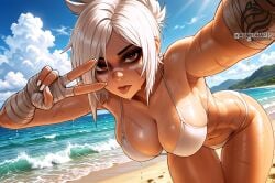 1girl ai_assisted ayakonarts beach bikini brown_eyes league_of_legends looking_at_viewer outdoors riven scar solo v white_hair