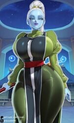 1girls ai_generated big_breasts blue_body blue_skin breasts breasts_bigger_than_head busty clothed clothed_female clothing curvy dragon_ball dragon_ball_super eye_contact female female_only hourglass_figure huge_breasts looking_at_viewer mature_female milf self_upload sleen smile smiling smiling_at_viewer solo solo_female vados voluptuous voluptuous_female wide_hips