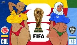 2020s 2026 2d 2d_(artwork) 2girls alvarikokearte bald bald_female colombia_(countryhumans) colombian colombian_female female female_only national_personification personification png uzbek uzbekistan_(countryhumans) world_cup