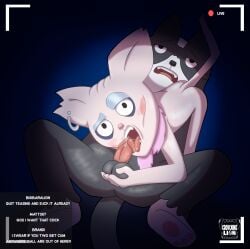 amazon_(company) anthro balls bodily_fluids chat_box crouchingli0n cupcake_(kevin) domestic_cat duo ear_piercing ear_ring english_text felid feline felis female genital_fluids genitals hairless hairless_cat hi_res holding_balls kevin_(kevin) kevin_(series) licking livestream looking_at_viewer makeup male mammal oral penile penis penis_lick piercing precum ring_piercing saliva saliva_string sex sphynx_(cat) text tongue
