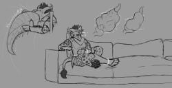 abdominal_bulge anthro big_tail charr digestion fatal_vore felid furniture guild_wars happy heart_symbol hi_res instant_digestion male mammal monochrome organs pantherine pawpads reptile satisfied satisfied_look scalie size_difference slurping_tail smaller_pred snow_leopard sofa stomach sylas_snowfang sylas_snowfang_(artist) tail tongue tongue_out vore