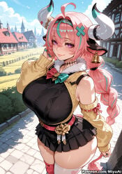1girl ahoge ai_assisted ai_generated bangs bare_shoulders belt black_skirt blue_sky blush bow breasts building city cityscape cloud curvaceous curvy curvy_female curvy_figure day eyebrows_visible_through_hair fang female genshin_impact hair_between_eyes hair_intakes hair_ornament horns huge_breasts jewelry long_hair long_sleeves looking_at_viewer miniskirt miyuai nail_polish outdoors pink_hair pink_nails pleated_skirt purple_eyes skin_fang skindentation skirt sky sleeveless smile solo standing thick thick_ass thick_butt thick_hips thick_legs thick_thighs thighhighs thighs varesa_(genshin_impact) voluptuous voluptuous_female wide_hips wide_thighs