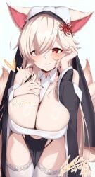 animal_ears blonde_hair blush breasts cleavage dress esto_0079 female_only fox_ears fox_girl fox_tail kitsune large_breasts long_hair looking_at_viewer multi_tail nun pelvic_curtain red_eyes smile solo thighhighs thighs