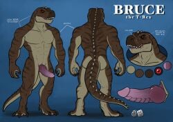 abs anthro black_sclera blue_background brown_body brown_tail bruce_(fenrir_garou) dinosaur english_text erection fangs front_view genitals glistening glistening_eyes hi_res hufnaar knot male male_anthro markings model_sheet muscular muscular_anthro muscular_male nude open_mouth pecs penis pink_penis prehistoric_species red_eyes reptile ridged_penis scalie simple_background solo standing striped_arms striped_legs striped_markings striped_neck striped_tail stripes tail tail_markings teeth text