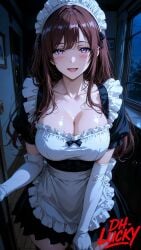 1girls ai_assisted ai_generated anehame_ore_no_hatsukoi_ga_jisshi_na_wake_ga_nai breasts brown_hair dh_lucky female grin heart large_breasts long_hair looking_at_viewer maid maid_headdress maid_outfit maid_uniform mature_female night older_sister sakagami_rio seductive sitting_on_bed smile solo solo_female