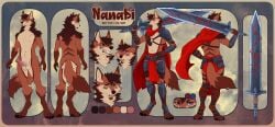 absurd_res anthro armor butt canid canine ellaria fox genitals greatsword heterochromia hi_res huge_filesize male mammal melee_weapon model_sheet nanabi_ashiro penis solo sword unconvincing_armor weapon