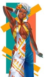 1girl abs aduti_momoyama arm_up big_breasts blue_eyes bracelet breasts capcom cleavage commentary dark-skinned_female dark_skin elena_(street_fighter) facepaint hairband halterneck hand_on_own_head highres jewelry lips official_alternate_costume official_alternate_hairstyle overalls parted_lips solo street_fighter street_fighter_6 toned toned_female very_dark_skin white_hair