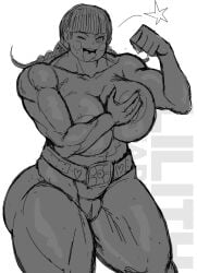 covered_nipples covering_breasts flexing mojiro_moko moko_mojiro muscular_arms muscular_female muscular_thighs naked naked_female pigtails sole_female star the_hundred_line_-last_defense_academy- winking_at_viewer wrestler wrestling_belt