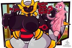 anthro bigger_female curvaceous giratina huge_breasts imminent_sex larger_female legendary_pokemon mew mew_(pokemon) phantomsempai small_but_hung smaller_male smile thick_thighs voluptuous wide_hips
