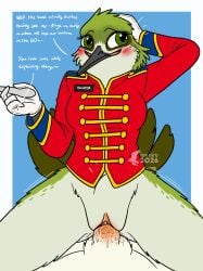 abdominal_bulge absurd_res anthro apodiform avian bird blush bodily_fluids bottomless bottomless_female casual_bottomless casual_sex clothed clothing conducting_baton conductor cowgirl_position female female_on_top fish_birb formal_wear freckled_face freckled_legs freckled_thighs freckles from_front_position genital_fluids genitals gloves handwear hi_res hummingbird male male/female marching_band_uniform name_tag on_bottom on_top penetration penile penile_penetration penis penis_in_vagina sarah_(fish_birb) sex solo_focus uniform vaginal vaginal_fluids vaginal_penetration vulva