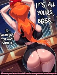 1girl ai_generated armpits arms_behind_head arms_up ass back bare_shoulders black_skirt black_top city cityscape comic crop_top elbow_gloves english_text female from_behind high_resolution huge_ass huge_breasts indoors large_ass large_breasts long_hair night orange_hair pale_skin presenting_ass rampa69 red_gloves shiny_skin sideboob slit_skirt solo speech_bubble standing thick_thighs thong tight_skirt volcana_(dc) wavy_hair window