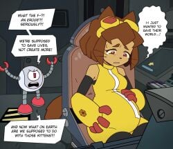 brown_hair clothed crying crying_with_eyes_open goggles goggles_on_head hands_on_belly kit_(gameoverse) kit_bodega looking_down pregnant robot seated tears text