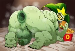 1boy 4_fingers 4_toes ai_generated anal_gape anal_juice anal_juice_drip anal_juice_string anus balls bara barazoku bed bedroom big big_ass big_back big_balls big_belly big_butt big_penis big_thighs blush burger eating fat fat_ass fat_butt fat_fuck fat_male fat_man fatass food french_fries gape gaping gaping_anus headwear_only hellaverse helluva_boss holding_burger hungry light-skinned_male light_skin looking_at_viewer looking_back male mammon_(helluva_boss) musk musk_clouds musky_anus musky_ass musky_butt novelai nude obese overweight overweight_male penis perineal_raphe perineum precum precum_drip precum_pool precum_string precum_trail sharp_teeth solo stable_diffusion sweat sweatdrop sweating sweaty sweaty_anus sweaty_ass sweaty_body sweaty_butt testicles vivienne_medrano vivziepop