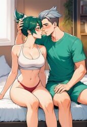 1boy 1girl ai_generated bare_shoulders bed bedroom blush bow breasts bulge cleavage clothing collarbone crop_top erection erection_under_clothes eye_contact facial_mark female green_hair green_shirt green_shorts grey_hair hair_bow hand_on_another's_head hetero imminent_kiss indoors kiriko_(overwatch) large_breasts looking_at_another male male_underwear mizuki_(overwatch) navel on_bed overwatch panties pillow ponytail red_panties shirt short_hair short_ponytail short_sleeves shorts sitting smile sports_bra stomach t-shirt tank_top undercut underwear white_bow white_sports_bra window