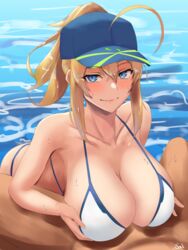 1boy ahoge artoria_pendragon artoria_pendragon_(all) aya_(user_ddya7452) bangs bare_shoulders bikini blonde_hair blue_eyes blush breast_hold breasts cleavage fate/grand_order fate_(series) female hair_between_eyes hair_through_headwear highres huge_breasts looking_at_viewer lying mysterious_heroine_x_(fate) mysterious_heroine_xx_(foreigner) nude on_back out_of_frame paizuri partially_submerged sidelocks smile swimsuit water