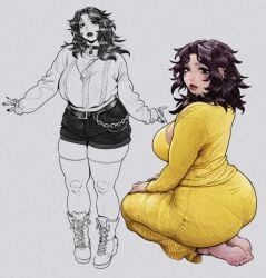 1girl big big_ass big_breasts black_hair piercings yellow_clothing
