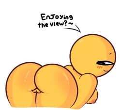 ass ass_focus back_view bald bald_female bald_pussy bastixtroller123 behind_view big_eyes blush blushing blushing_at_viewer blushing_female breasts english_text female female_ass female_ass_focus female_focus female_only no_background no_ears no_nose orange_nipples pussy round_ass round_head shiny_ass side_eye side_eye_at_viewer side_view simple_background smile tagme talking talking_to_viewer white_background yellow_body yellow_skin yellow_skinned_female