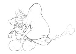 2015 balls belly big_balls big_belly big_penis bodily_fluids cum cum_inflation cum_inside duo generation_1_pokemon genital_fluids genitals inflation legendary_pokemon male meowth mew_(pokemon) monochrome nintendo penis pokemon pokemon_(species) saphiros scarf simple_background white_background