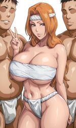 1girls 2boys ai_generated big_boobs big_breasts bleach bleach:_the_thousand-year_blood_war cheating curvy curvy_body curvy_female curvy_figure faceless_male fat_male fundoshi hot_spring huge_breasts kyoru189 large_breasts light-skinned_female light_skin looking_at_viewer matsumoto_rangiku mature_female milf netorare ntr older_male older_male_and_younger_female orange_hair peace_sign seductive seductive_eyes seductive_look solo solo_female ugly_bastard