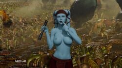 1girls 3d 3d_(artwork) aayla_secura alien alien_girl alien_humanoid blue_skin improvised_sex_toy matt_cat pants star_wars thinking topless twi'lek