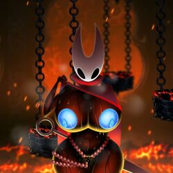 1:1 2025 2_horns anthro arachnid arthropod beads belly big_breasts biped black_body black_eyes blue_nipples bodily_fluids breasts bucket chain cloak clothing container dress embers empty_eyes exposed_breasts female flashing flashing_breasts flashing_pussy hi_res hollow_knight:_silksong hollow_knight_(franchise) horn hornet_(hollow_knight) inktober_2025 lava melee_weapon nipples nude prayer_beads red_clothing red_dress rosary rosary_beads sillyseacreatur solo spider sweat sweating_profusely sword team_cherry weapon wide_hips