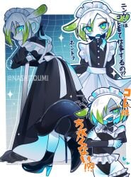 2026 hi_res intersex japanese_text leotard looking_at_viewer maid maid_uniform no_underwear twitter_username