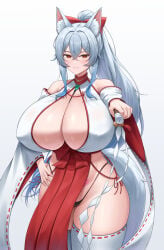 animal_ears bare_hips bare_shoulders bell bow breasts cleavage cleavage_cutout clothing_cutout curvy fox_ears fox_girl fox_tail halterneck huge_breasts lazb. long_hair miko nontraditional_miko orange_eyes original panties pelvic_curtain ponytail pubic_tattoo revealing_clothes smile solo tail tattoo thighhighs thighs white_hair
