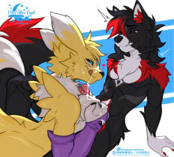 2026 anthro anthro_on_anthro areola bandai_namco biped blush bodily_fluids breasts butt canid canine claws countershade_torso countershading cum digimon digimon_(species) digital_drawing_(artwork) digital_media_(artwork) duo english_text erection female fingers fleet-foot fur genital_fluids genitals hair male male/female mammal nipples nude nude_anthro nude_female nude_male penis renamon simple_background smile tail text