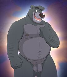 1boy absurd_res anthro balls baloo chubby_anthro chubby_male disney edit ethancostas genitals gesture hi_res humanoid male male_only mammal navel nipples nude one_eye_closed pecs penis slightly_chubby sloth_bear solo talespin teeth thumbs_up tongue ursid ursine wink