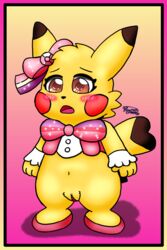 2:3 blush cleft_tail clothed clothing cosplay_pikachu cosplay_pikachu_(character) cosplay_pikachu_(costume) female feral fur furry furry_only genitals hi_res nintendo open_mouth pikachu pikachu_pop_star playmanrgs pokémon_(species) pokemon pussy solo tail tongue video_games