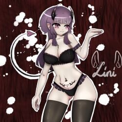 1girl devil_horns female_only female_pubic_hair frilled_panties large_breasts lingerie nails original original_character piercings pink_eyes pubic_hair pubic_hair_peek purple_hair solo spaded_tail succubus tail thighhighs