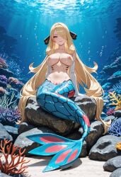 ai_generated big_breasts blonde_hair civitai coral coral_reef cynthia_(pokemon) earrings gills gills_on_chest hair_over_one_eye huge_breasts long_hair mermaid mermaid_tail milotic_(cosplay) nude pokemon pussy topless topless_female underwater very_long_hair