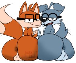 absurd_res animal_humanoid anthro anus ass big_butt canid canid_humanoid canine canine_humanoid canis domestic_dog duo eljelicsnsfw eyewear fivey_fox foury fox fox_humanoid glasses hi_res humanoid male male/male mammal mammal_humanoid nerd shortst shortstack snoot_for_booping spreading tailwag