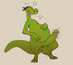 2026 20th_century_fox 3_fingers 3_toes allosaurid allosauroid allosaurus anthro balls bare_shoulders belly big_balls big_penis biped bodily_fluids breath claws daftpatriot dinosaur eek!_the_cat erection fangs feet fingers fox_kids genital_fluids genitals glans green_body hand_on_belly kerchief looking_at_viewer male mostly_nude nelvana open_mouth penis precum prehistoric_species reptile saurischian scalie simple_background smile solo squatt_(the_terrible_thunderlizards) standing sweat sweatdrop sweaty_balls sweaty_genitalia tail teeth the_terrible_thunderlizards theropod thick_tail throbbing throbbing_penis toes tongue wide_hips yellow_eyes