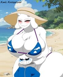 1boy 1girls beach bikini black_sclera blush boob_hat breast_on_head chest_tuft child_bearing_hips closed_eyes goat goat_girl goat_horns goat_mom goat_tail horns huge_ass huge_breasts larger_female larger_female_smaller_male long_ears milf plump sans sans_(undertale) skeleton smaller_male smaller_male_larger_female sun_hat sunhat thick_thighs toriel toriel_(undertale) undertale undertale_(series) white_body white_eyes white_fur wide_hips xml_xrossover_(artist)