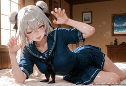 1girl ai_generated bangs blue_eyes blue_shirt blue_skirt blush breasts bronya_rand claw_pose collarbone double_bun earrings hair_between_eyes hair_bun hair_ribbon honkai:_star_rail indoors jewelry kermixx kneehighs large_breasts long_hair looking_at_viewer lying neckerchief one_eye_closed pleated_skirt ribbon sailor_collar school_uniform serafuku shirt short_sleeves skirt smile socks solo tongue tongue_out