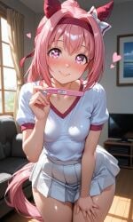 ai_generated haru_urara_(umamusume) heart-shaped_pupils luscious_lips pregnancy_test short_skirt skirt small_breasts smile thick_thighs umamusume wide_hips